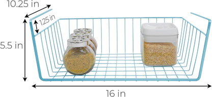 Undershelf Storage Basket - Snug Fit Arms - Steel Metal Frame - Rust Resistant Finish - Cabinet, Pantry, and Shelf Organization - 16 X 5.5 Inch - Light Blue