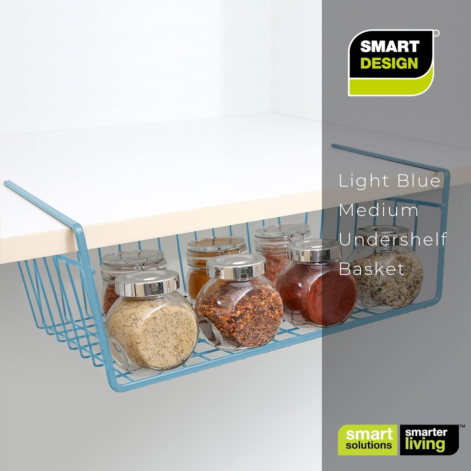 Undershelf Storage Basket - Snug Fit Arms - Steel Metal Frame - Rust Resistant Finish - Cabinet, Pantry, and Shelf Organization - 16 X 5.5 Inch - Light Blue