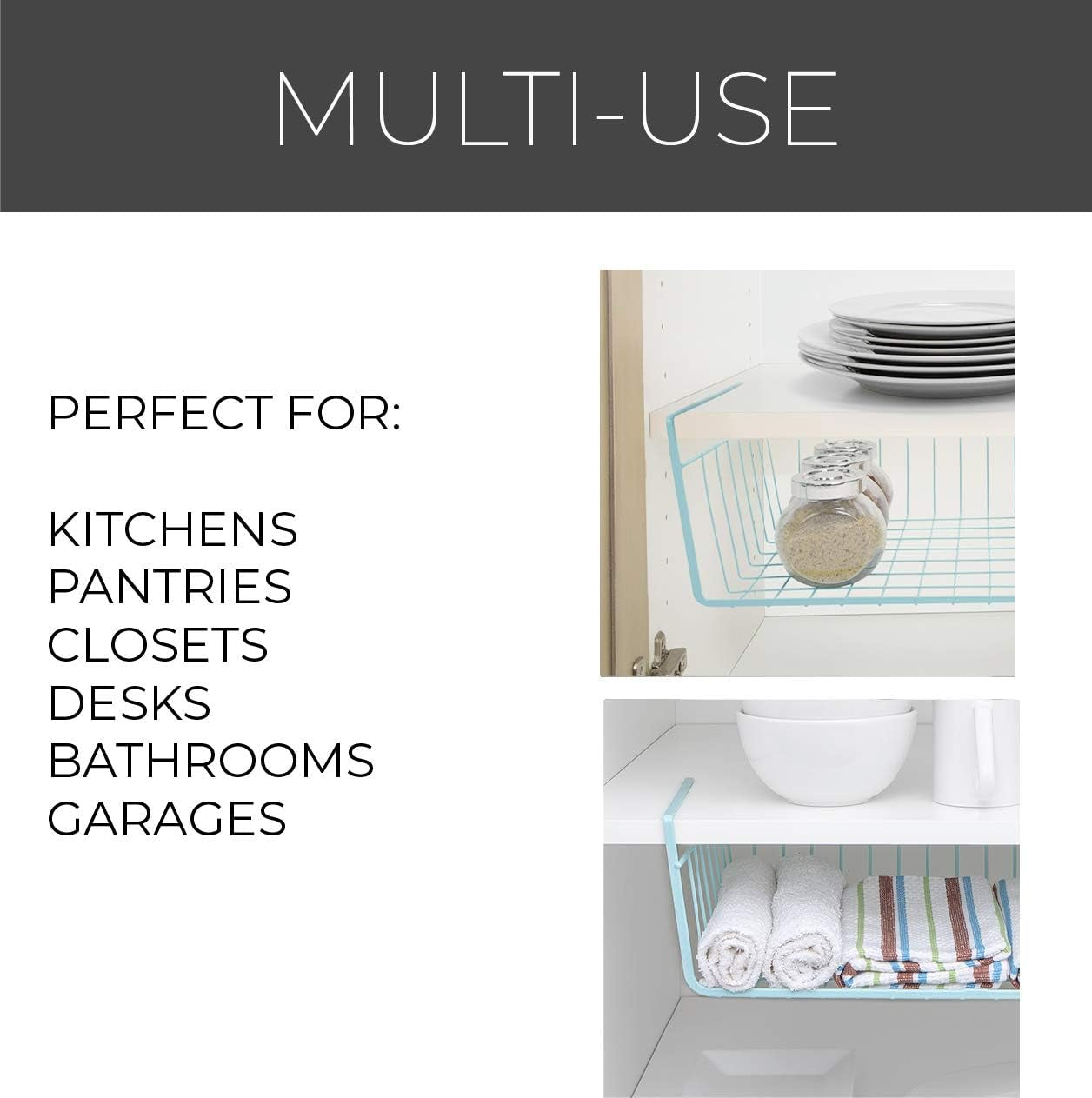 Undershelf Storage Basket - Snug Fit Arms - Steel Metal Frame - Rust Resistant Finish - Cabinet, Pantry, and Shelf Organization - 16 X 5.5 Inch - Light Blue