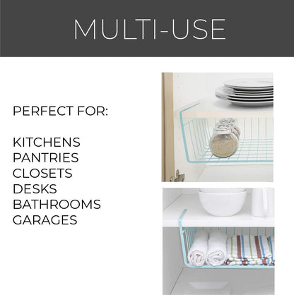 Undershelf Storage Basket - Snug Fit Arms - Steel Metal Frame - Rust Resistant Finish - Cabinet, Pantry, and Shelf Organization - 16 X 5.5 Inch - Light Blue