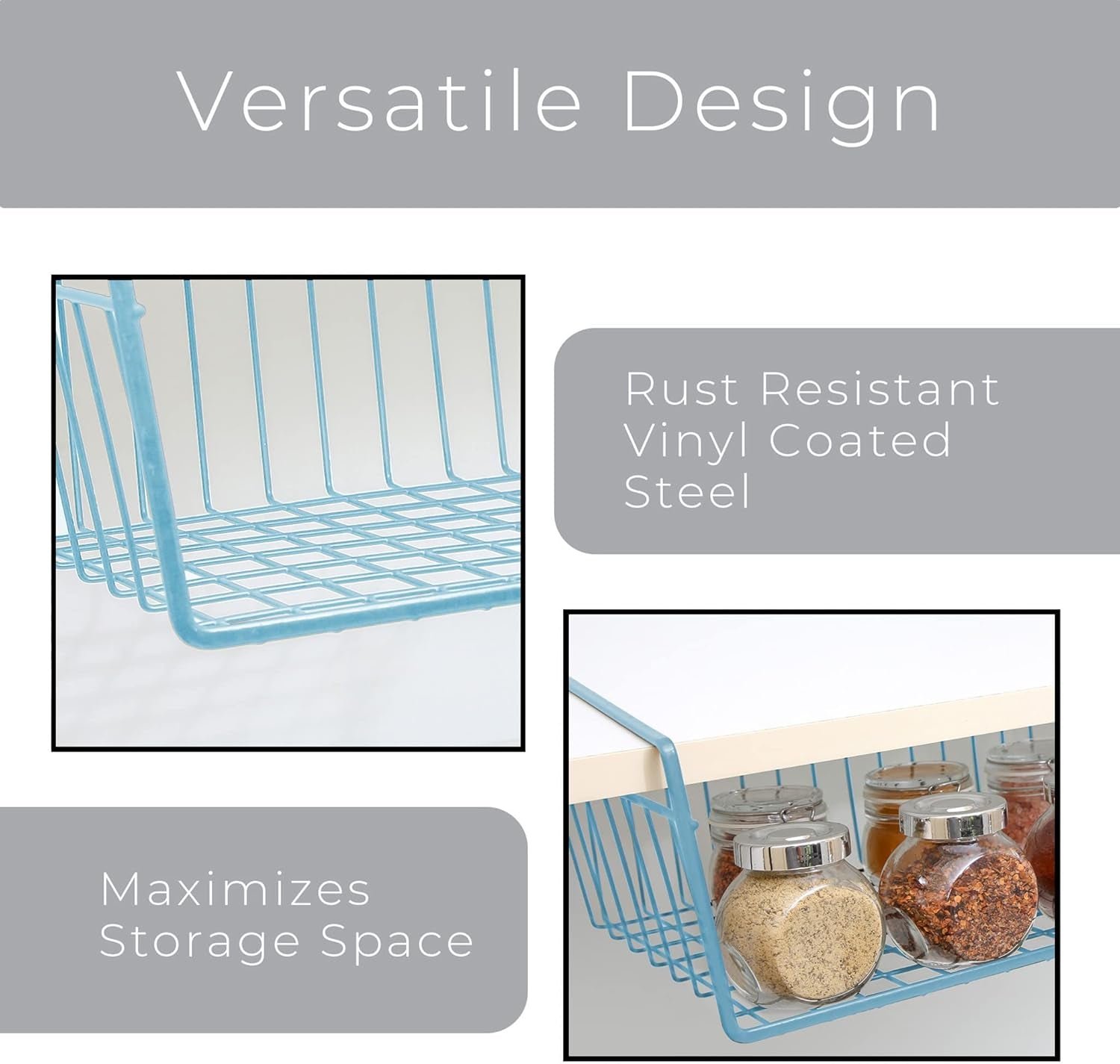 Undershelf Storage Basket - Snug Fit Arms - Steel Metal Frame - Rust Resistant Finish - Cabinet, Pantry, and Shelf Organization - 16 X 5.5 Inch - Light Blue
