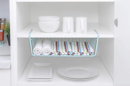 Undershelf Storage Basket - Snug Fit Arms - Steel Metal Frame - Rust Resistant Finish - Cabinet, Pantry, and Shelf Organization - 16 X 5.5 Inch - Light Blue